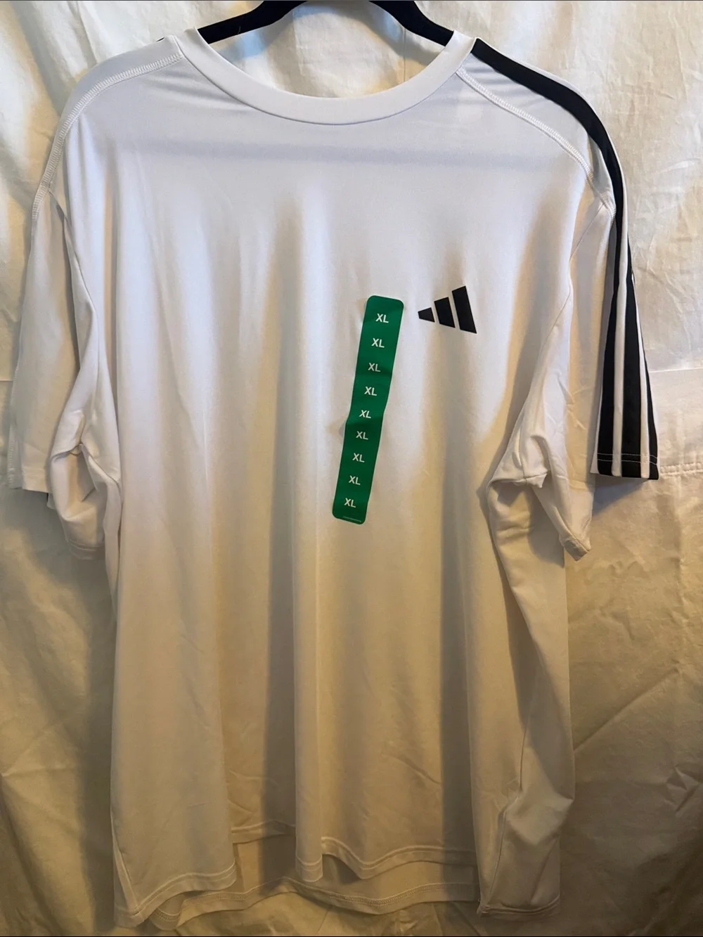 adidas White Short Sleeve Athletic Tee with Black Shoulder Stripes